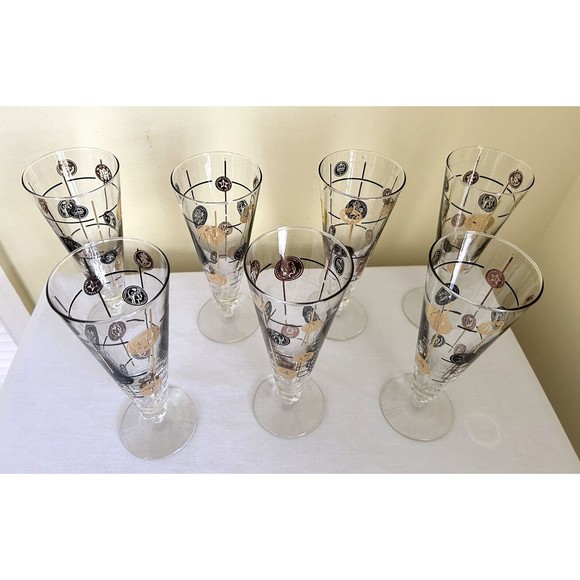 Vintage Libbey Pilsner Beer Glasses Barware 10 oz Coins Black Gold Lot of 7 - Picture 3 of 12